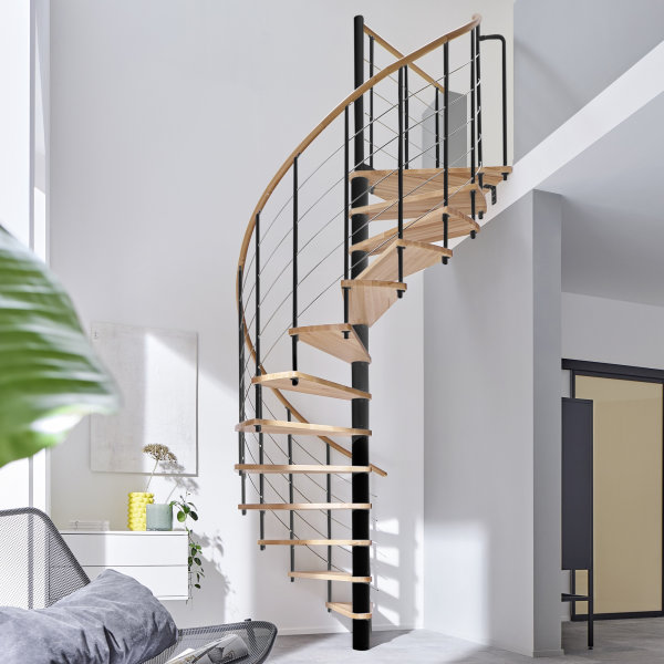 Escalier en colimaçon Caparo- 120cm, Brilliant-Black (noir), Hêtre clair (nature),  - 305,5cm (12 marches + palier)