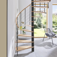 Escalier en colimaçon Caparo- 120cm, Brilliant-Black (noir), Hêtre clair (nature),  - 305,5cm (12 marches + palier)