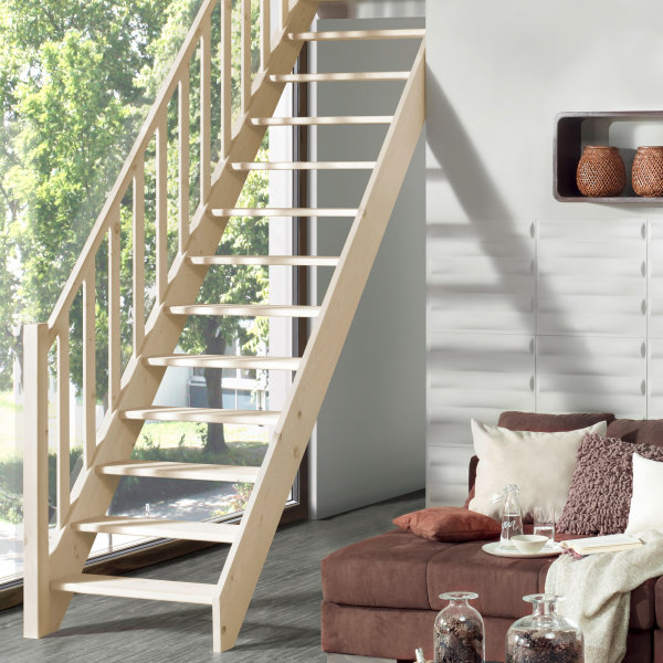 Escalier en bois Casablanca avec rampe- 74cm, épicéa massif, sans contremarches, - 302cm (13 marches + socle)