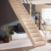 Escalier en bois Savoy avec rampe en bois avec tubes métalliques dun côté- hêtre massif, sans contremarches, - 280cm (14 marches)