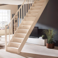 Escalier en bois Savoy avec rampe en bois avec tubes métalliques dun côté- hêtre massif, sans contremarches, - 280cm (14 marches)