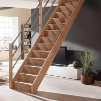 Escalier en bois Savoy avec rampe en bois avec tubes métalliques dun côté- hêtre massif, sans contremarches, - 280cm (14 marches)