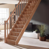 Escalier en bois Savoy avec rampe en bois avec tubes métalliques dun côté- hêtre massif, sans contremarches, - 280cm (14 marches)