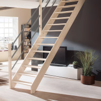 Escalier en bois Savoy avec rampe en bois avec tubes métalliques dun côté- hêtre massif, sans contremarches, - 280cm (14 marches)