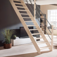 Escalier en bois Savoy avec rampe en bois avec tubes métalliques dun côté- hêtre massif, sans contremarches, - 280cm (14 marches)