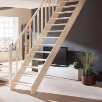 Escalier en bois Savoy avec rampe en bois avec tubes métalliques dun côté- hêtre massif, sans contremarches, - 280cm (14 marches)